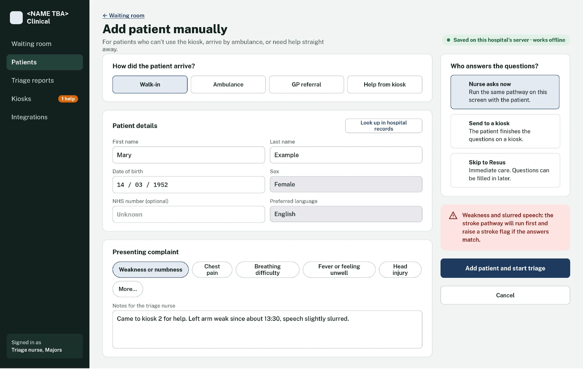 Add patient manually form with arrival type, patient details, presenting complaint and who answers the questions