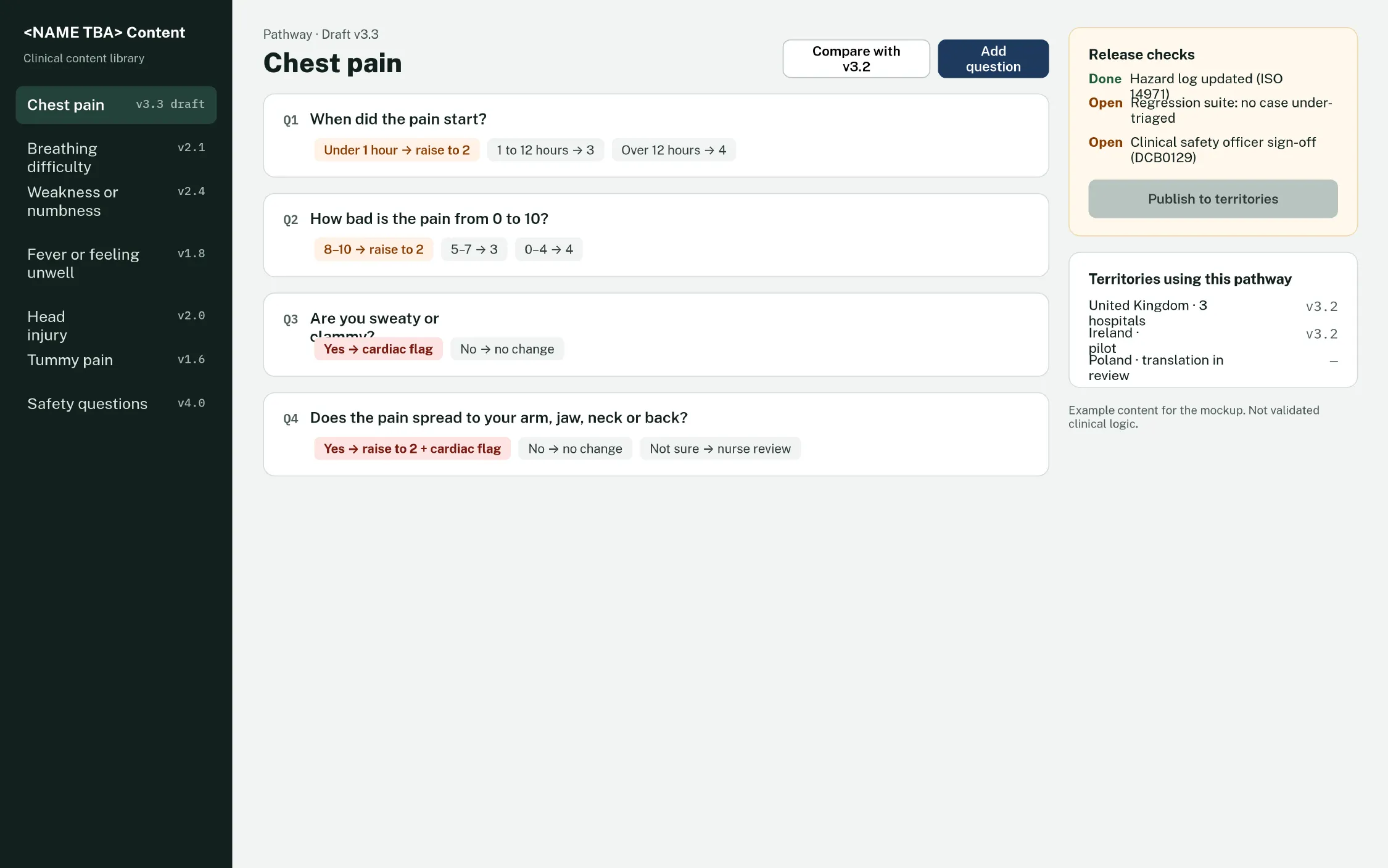 Content studio editing a draft chest pain pathway, with release checks and the territories using it