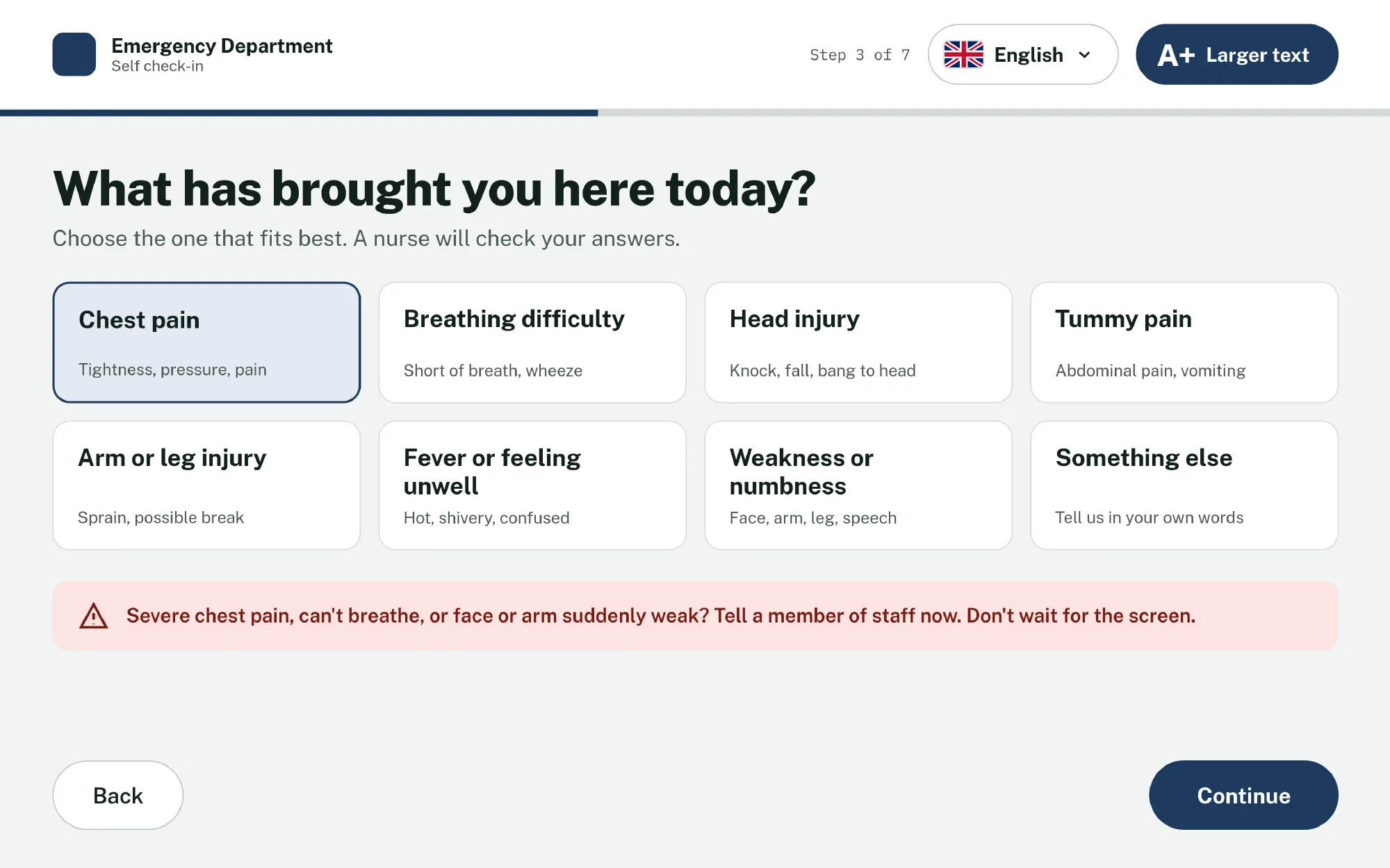 Kiosk screen asking “What has brought you here today?” with eight complaint options