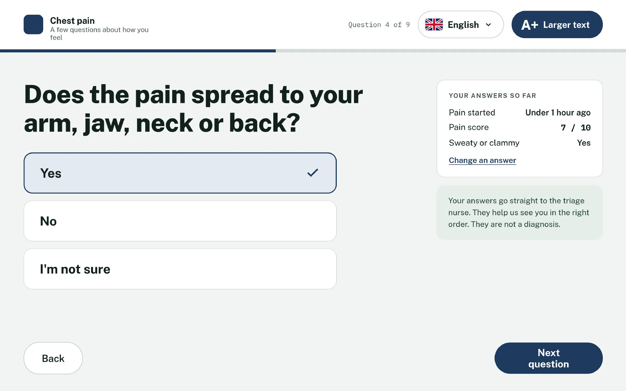 Kiosk question screen asking whether chest pain spreads to the arm, jaw, neck or back, with a summary of answers so far